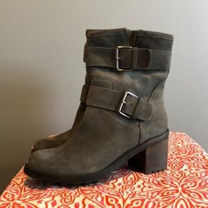 Gently used Sam Edelman Size 8M Women's Troy Moto Grey Suede Buckle Boots